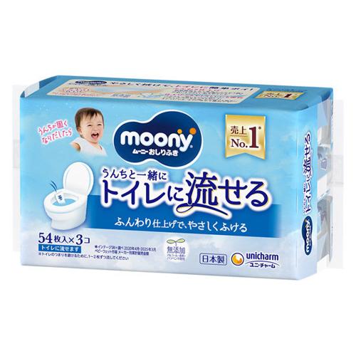 Unicharm Moony ทิชชู่เปียกเด็กทารกที่ชำระล้างได้ แบบเติม 54 x 3